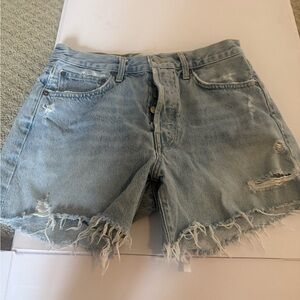 Agolde Parker Long Blue Distressed Jean Shorts
